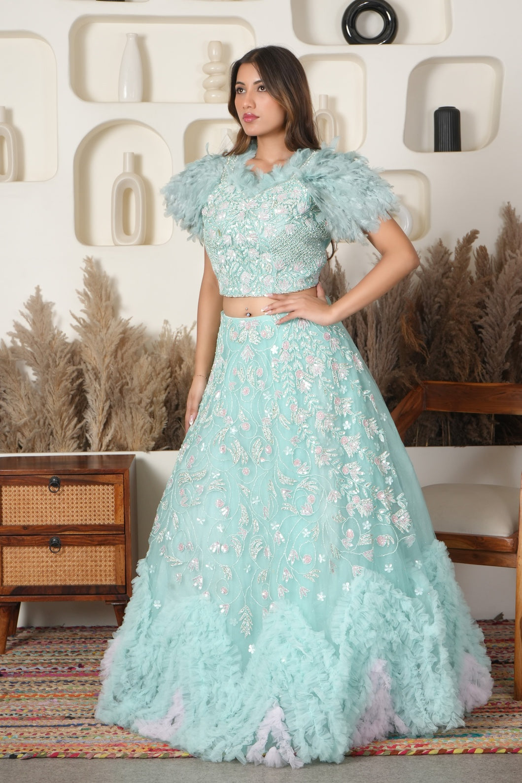 Floral Frost Net Lehenga with Feathers