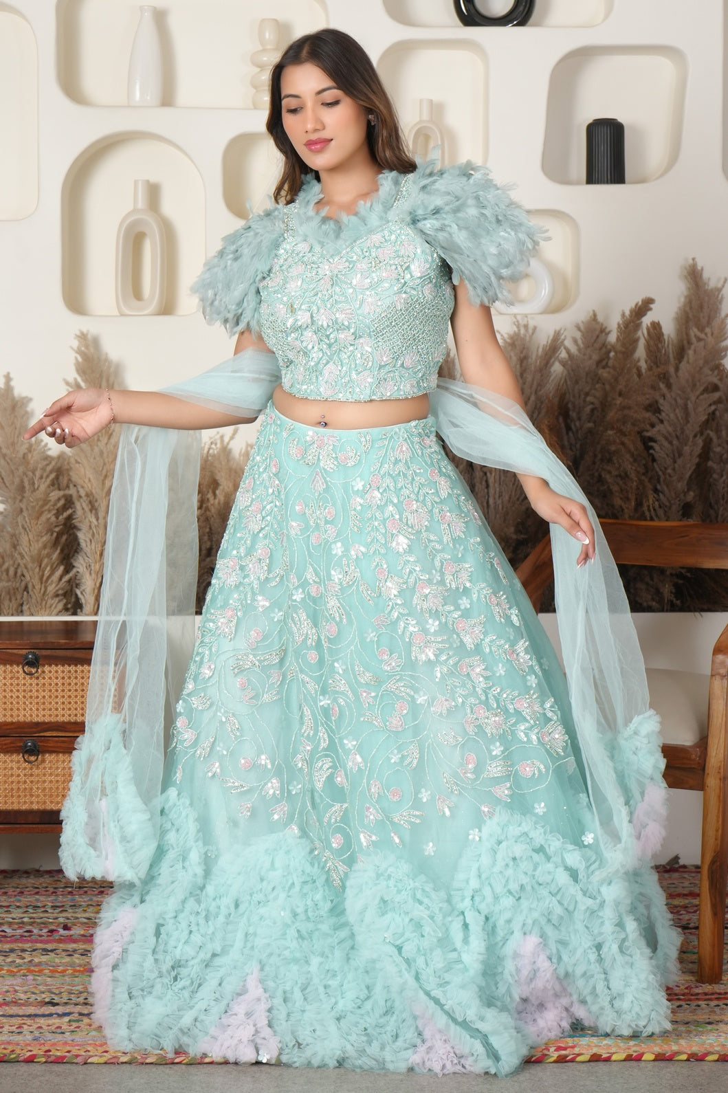 Floral Frost Net Lehenga with Feathers