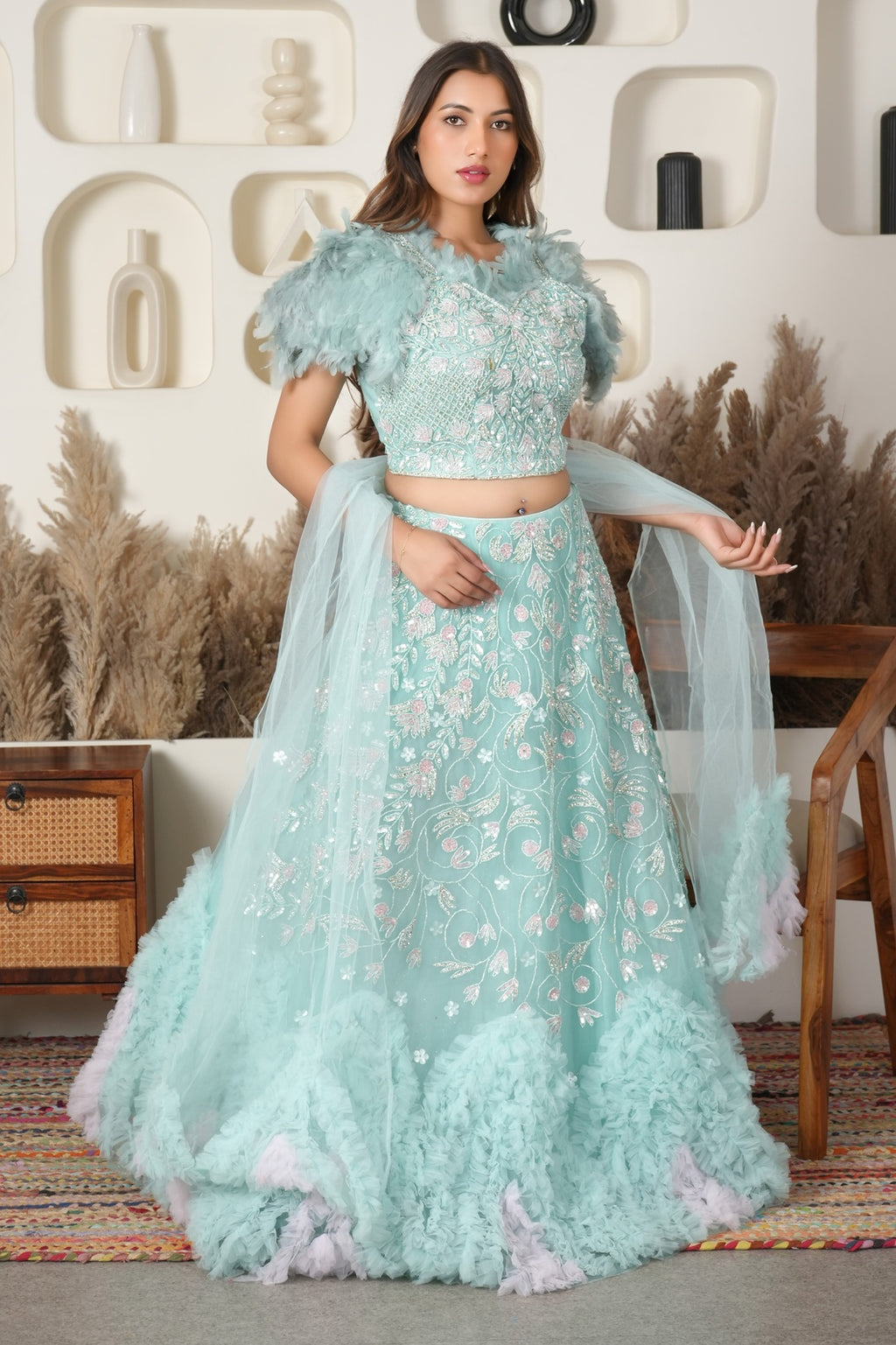 Floral Frost Net Lehenga with Feathers