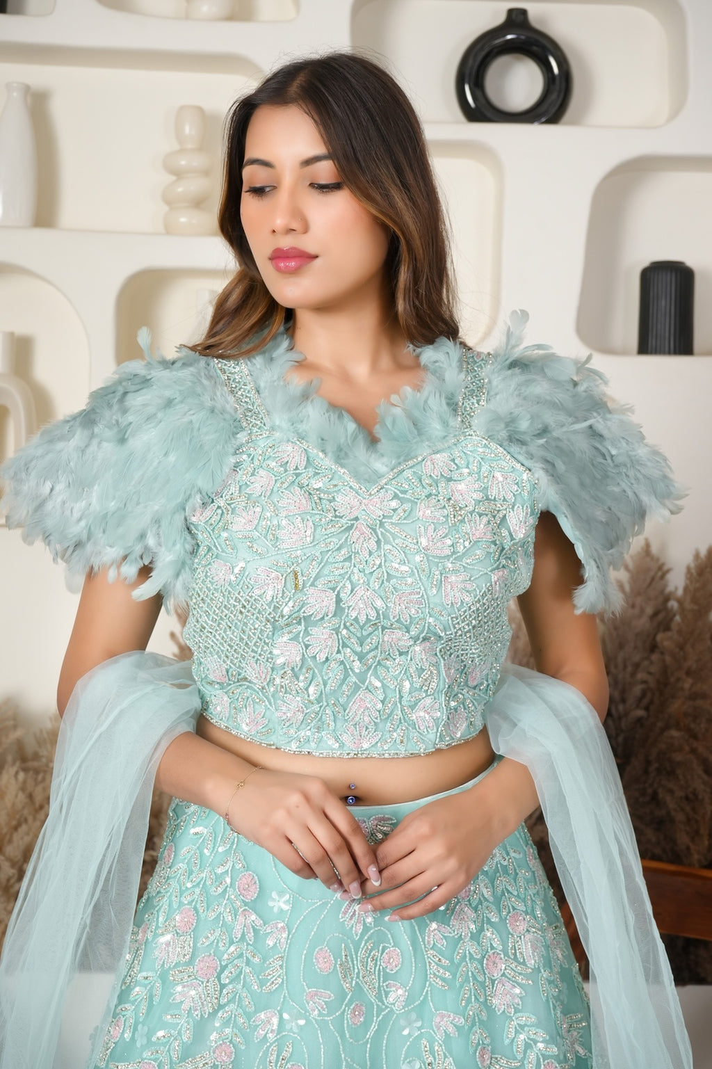 Floral Frost Net Lehenga with Feathers