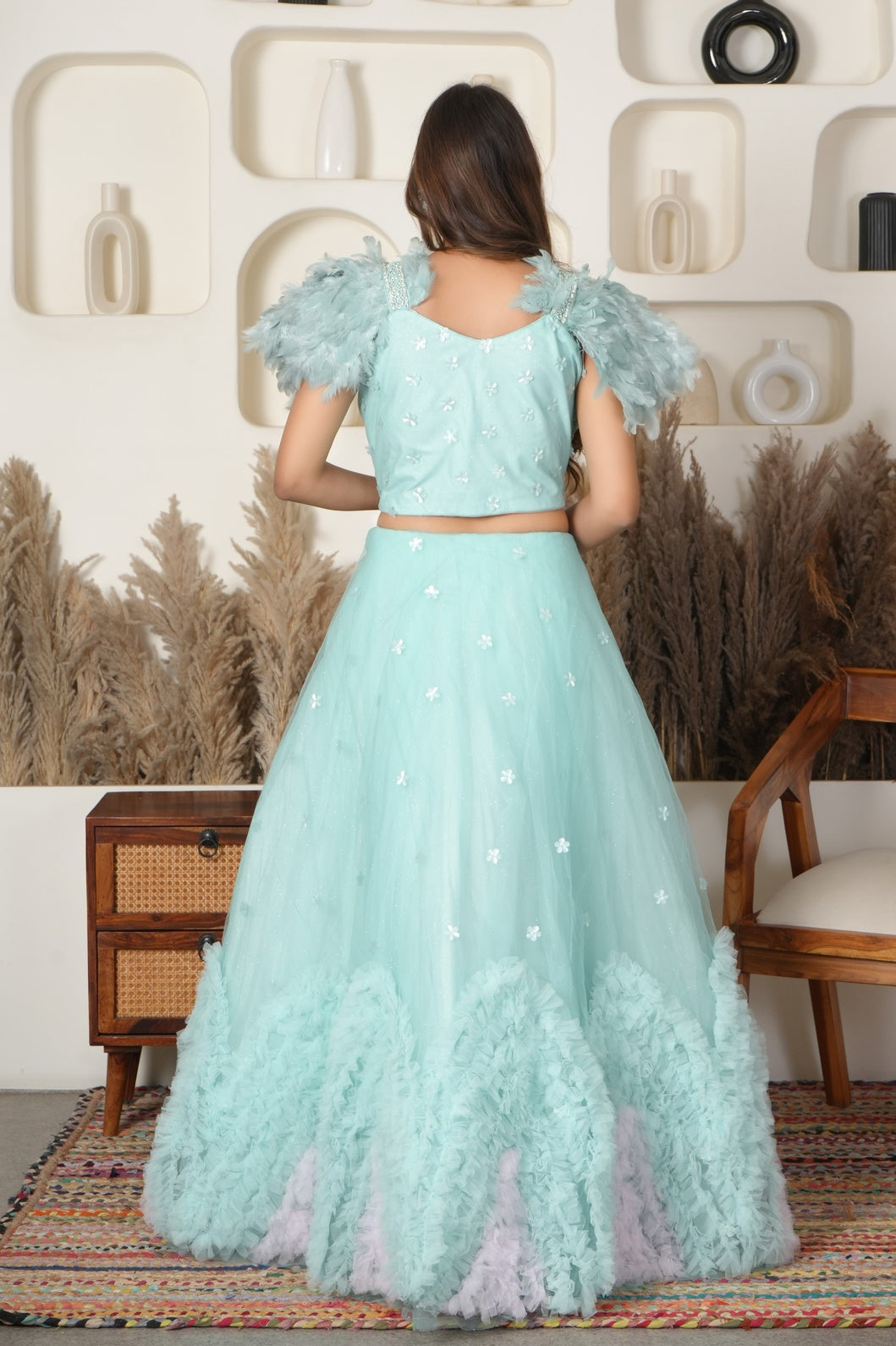 Floral Frost Net Lehenga with Feathers