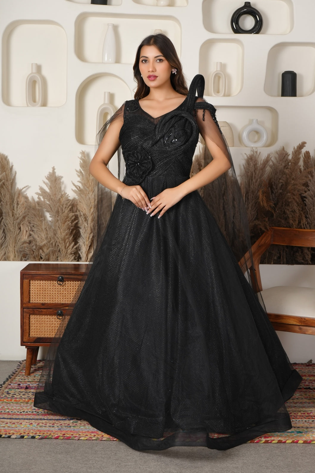 Black Swan Draped Net Gown