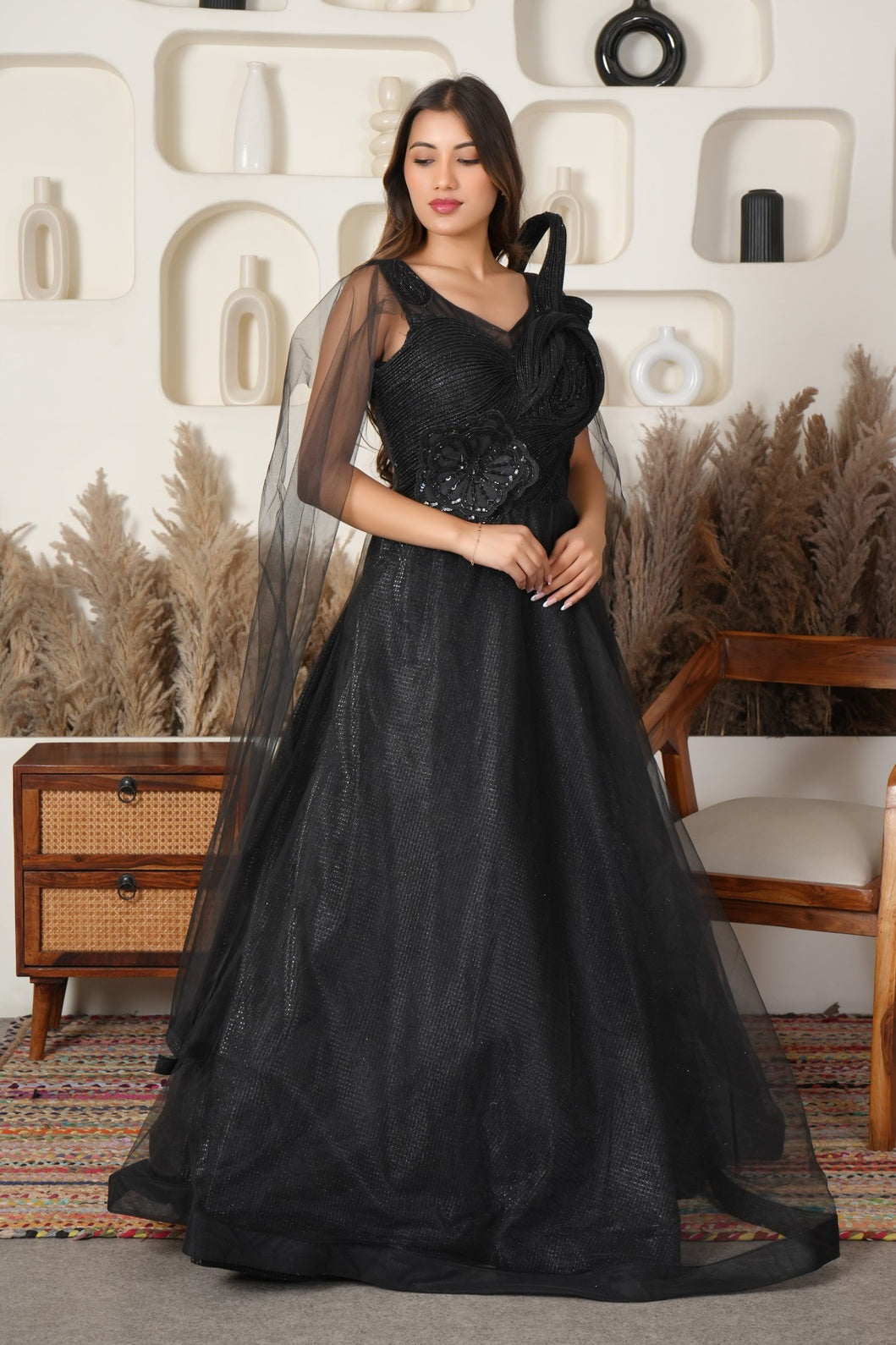 Black Swan Draped Net Gown