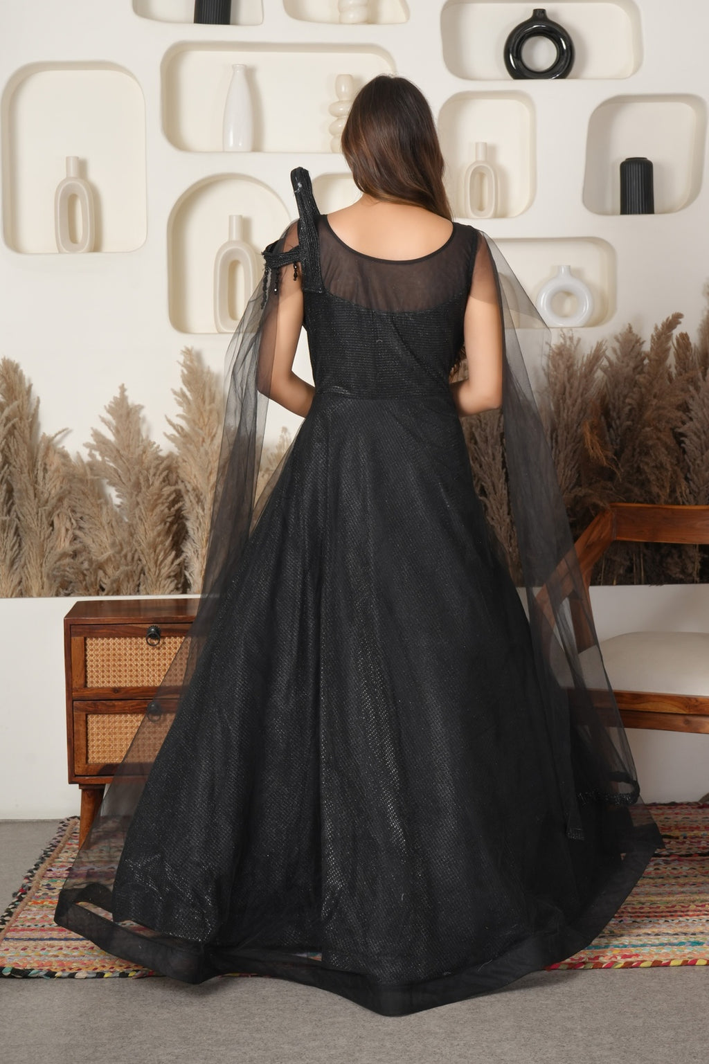 Black Swan Draped Net Gown