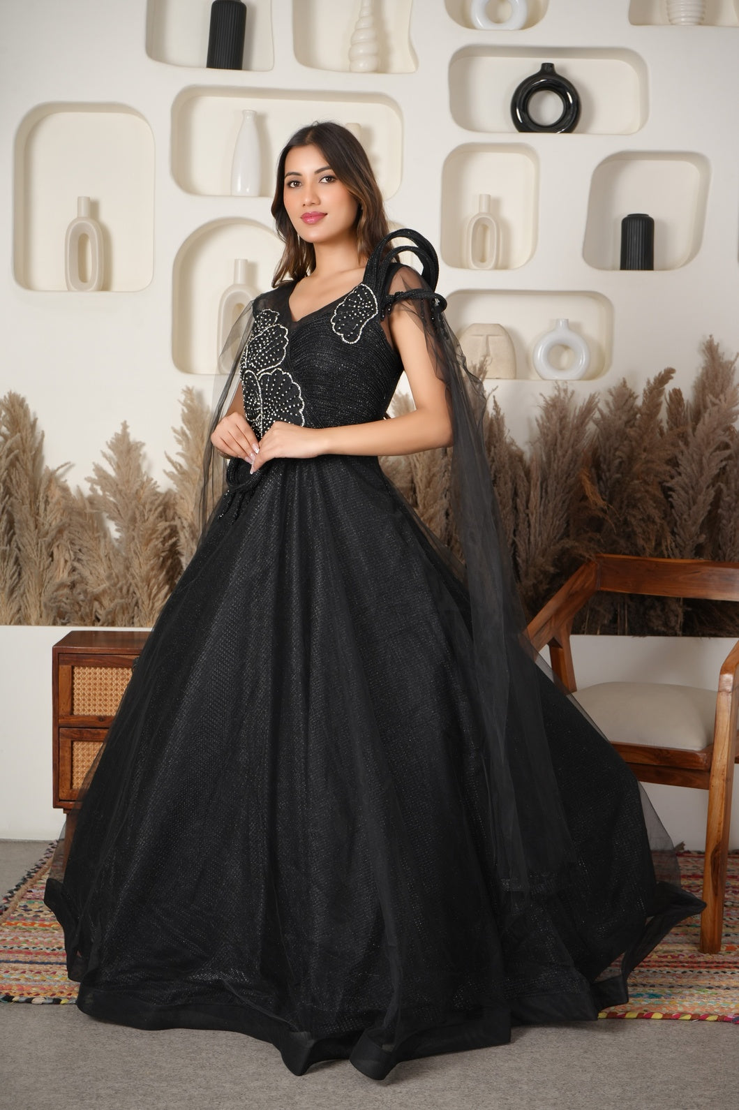 Black Luxe Leaf Embroidered Gown