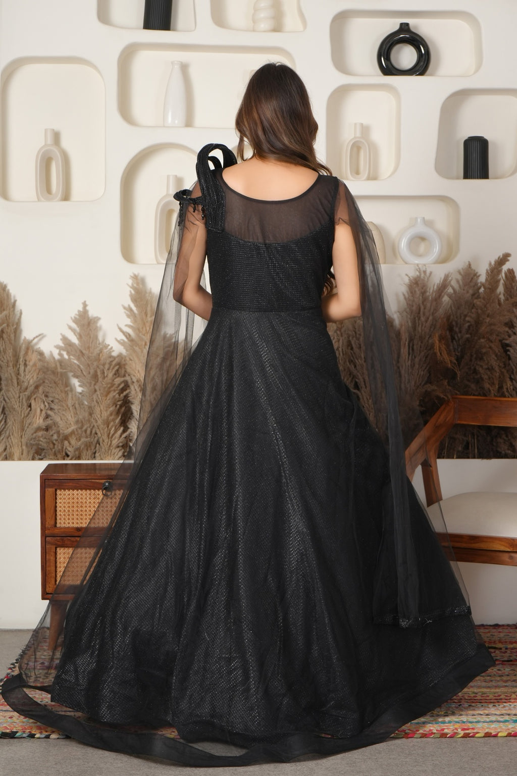 Black Luxe Leaf Embroidered Gown