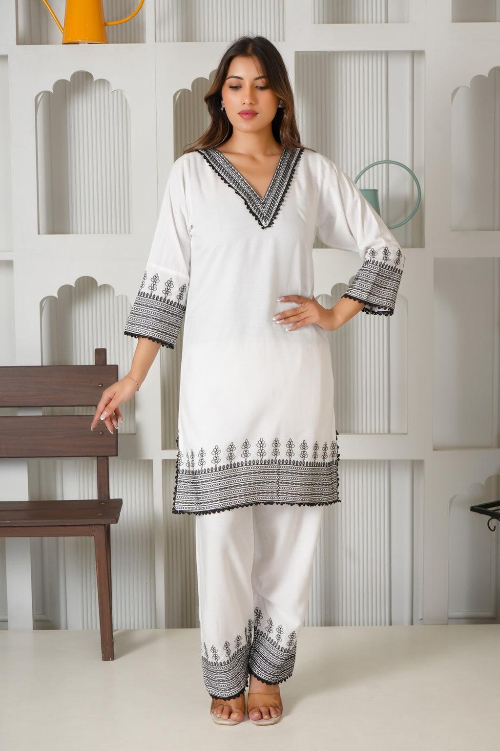 Classic White & Black Embroidered Rayon Co-Ord Set