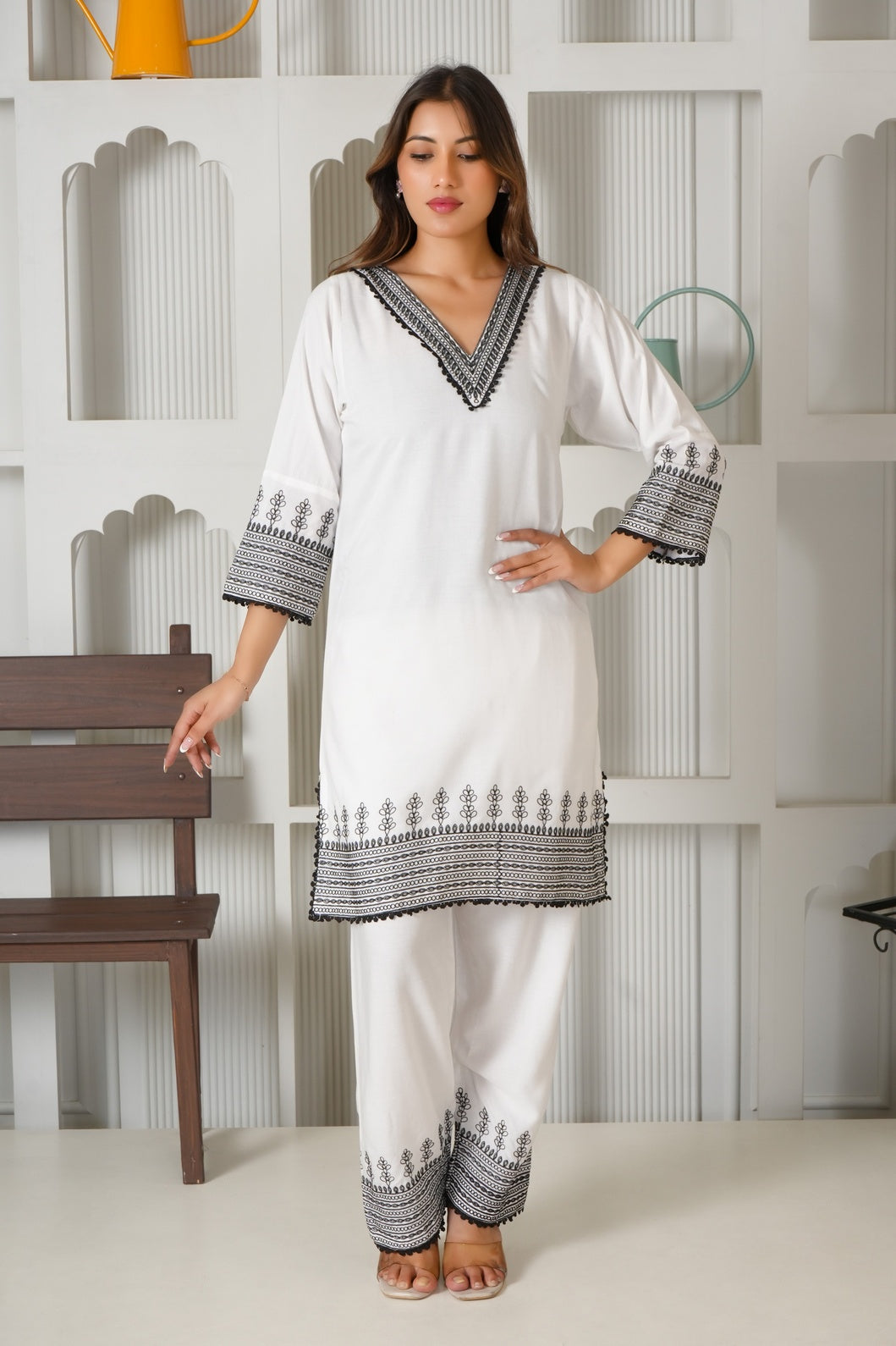 Classic White & Black Embroidered Rayon Co-Ord Set