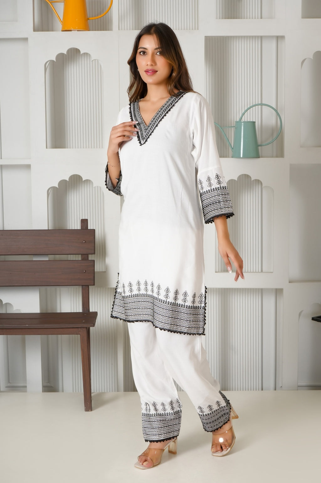 Classic White & Black Embroidered Rayon Co-Ord Set