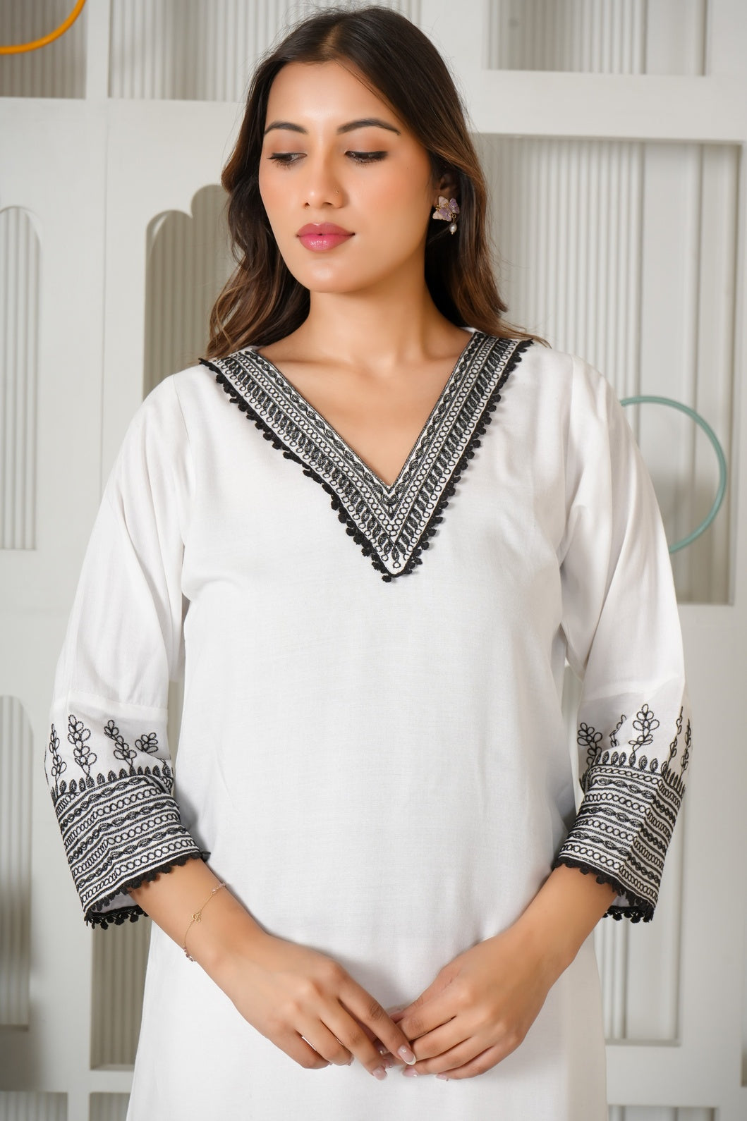 Classic White & Black Embroidered Rayon Co-Ord Set