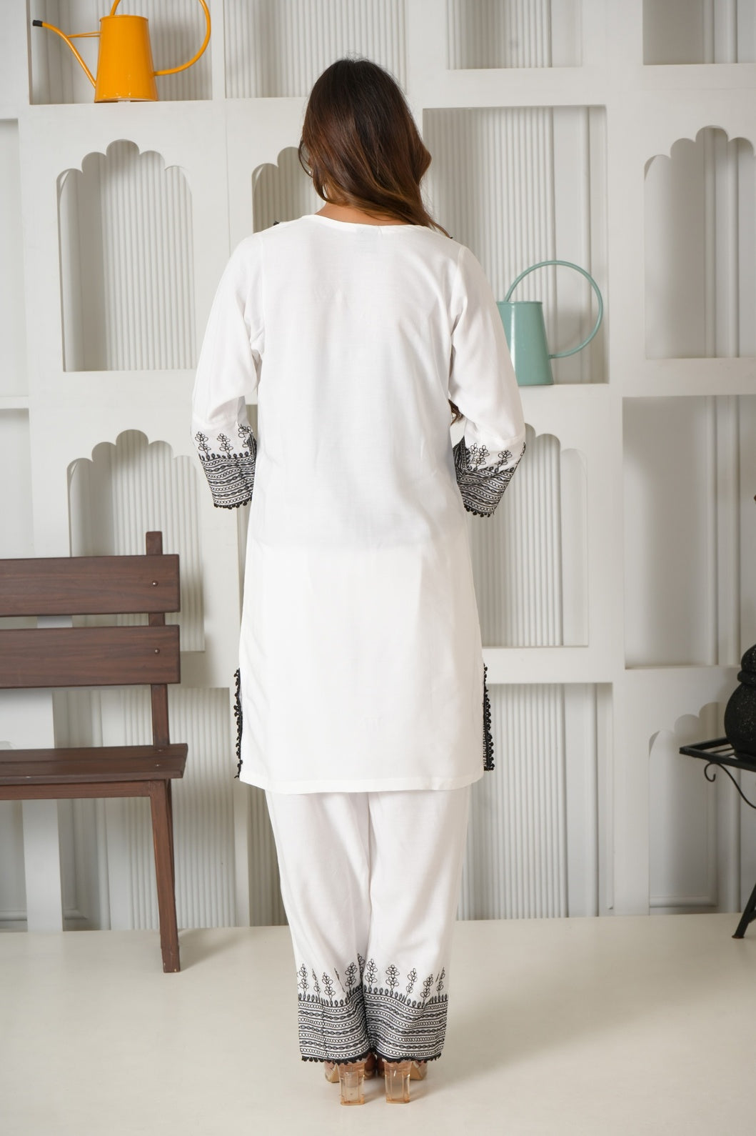 Classic White & Black Embroidered Rayon Co-Ord Set